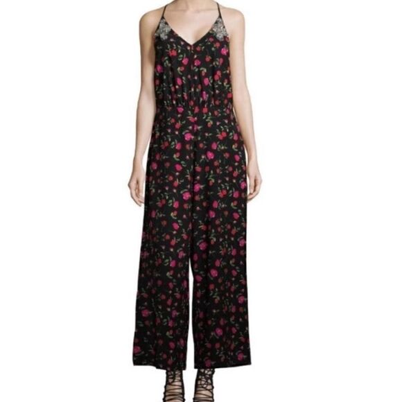 Dodo Bar Or Rhinestone Crystal Gem Jumpsuit Floral Red Pockets Wide Leg 2-4 - Picture 1 of 11